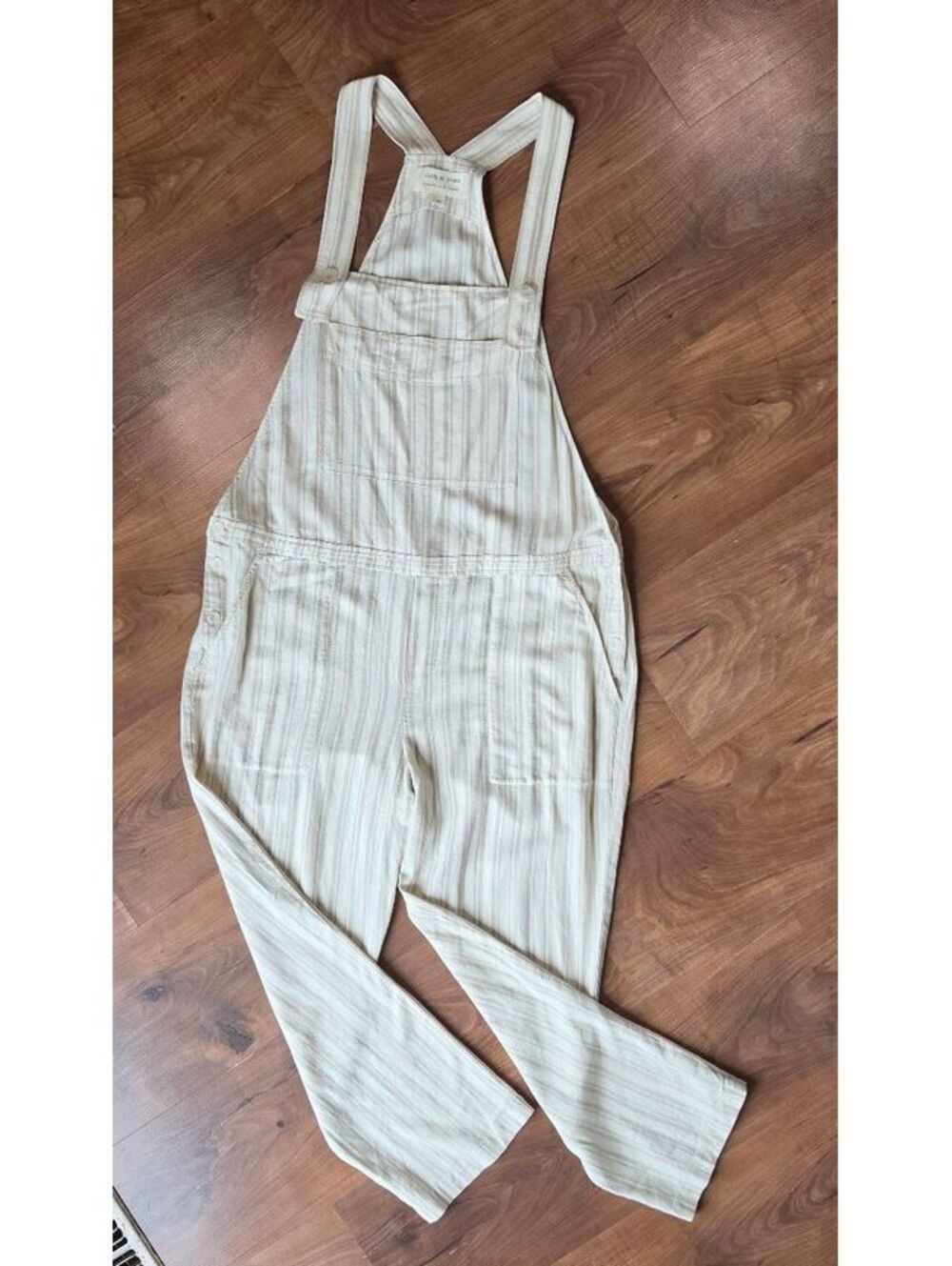 Cloth + Stone Neutral Vertical Stripe Linen Jumpsuit Overalls, size M, #135